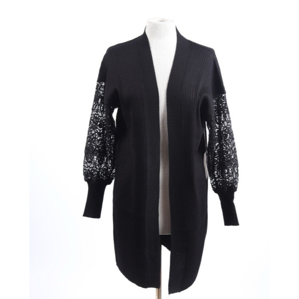 Goth Romantic Black Long Line Open Cardigan with Lace S-M-L